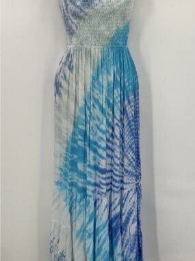 Travida Blue Tie-Dye Maxi Dress - Smocked Bodice, Flowing Skirt Sz Sm